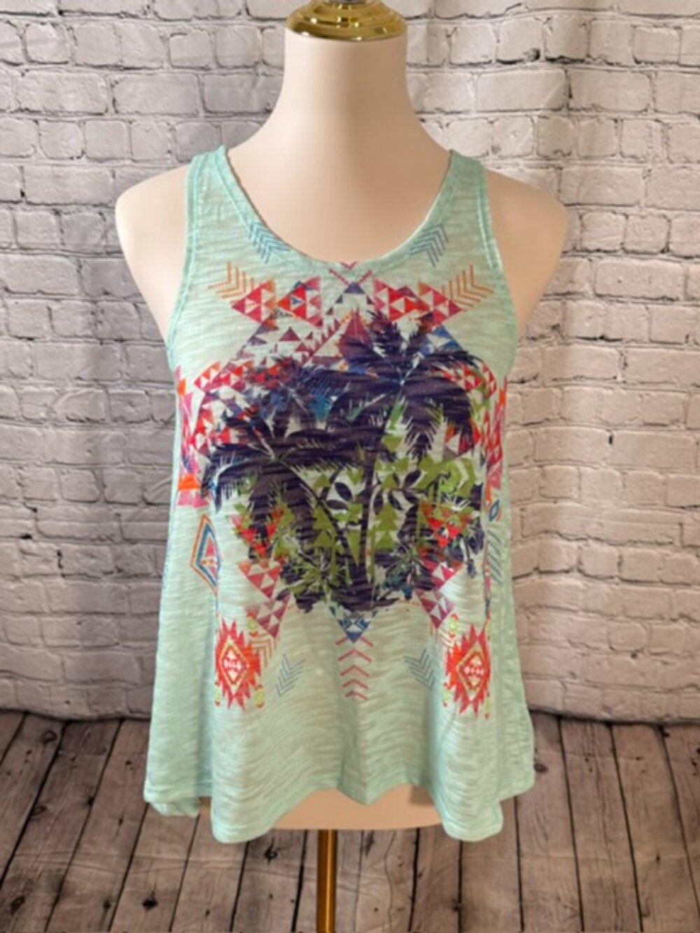 No Boundaries Y2K Palm Tree Boho Tank Top Mint Junior M